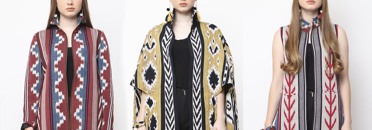 Brown Blue Tencel Handwoven Ikat Jacket