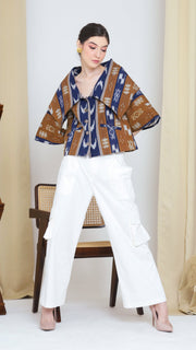 BROWN BLUE IKAT WIDE COLLAR JACKET