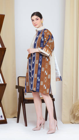 Brown Blue Fringe Ikat Long Outer