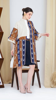 Brown Blue Fringe Ikat Long Outer