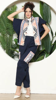 Blue Tribal Ikat Vest Bomber