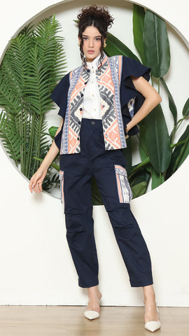 Blue Tribal Ikat Vest Bomber