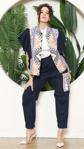 Blue Tribal Ikat Vest Bomber