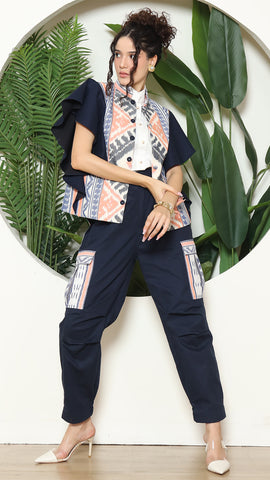 Blue Tribal Ikat Vest Bomber