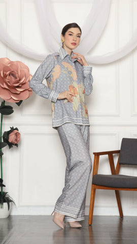 GREY FLORAL MONOGRAM SHIRT AND PANTS SET