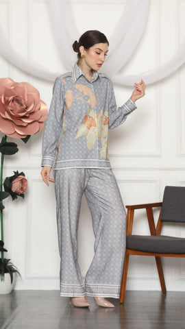 GREY FLORAL MONOGRAM SHIRT AND PANTS SET