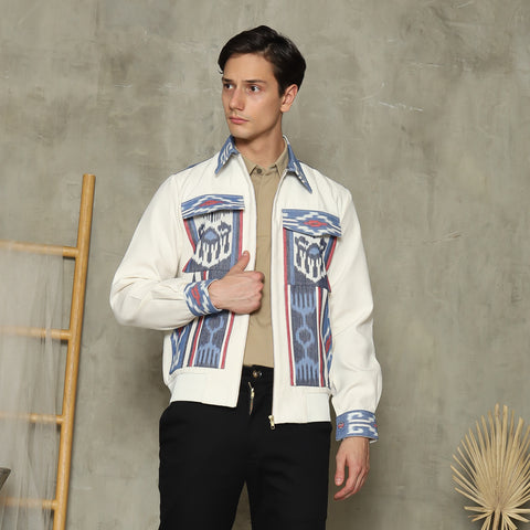 White Handwoven Ikat Patch Jacket