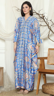 Blue Ikat Gold Long Sleeve Kaftan