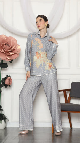 GREY FLORAL MONOGRAM SHIRT AND PANTS SET