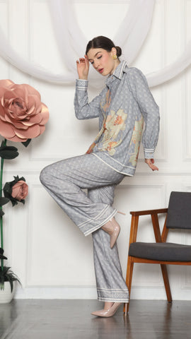 GREY FLORAL MONOGRAM SHIRT AND PANTS SET