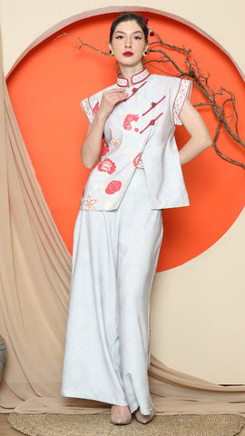 GREY CHONGSAM FLORAL VEST with WIDE LEG PANT SET