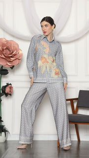 GREY FLORAL MONOGRAM SHIRT AND PANTS SET