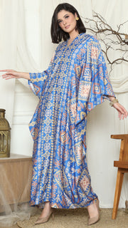 Blue Ikat Gold Long Sleeve Kaftan