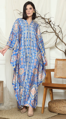 Blue Ikat Gold Long Sleeve Kaftan