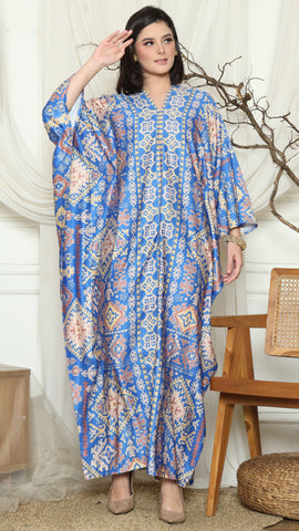 Blue Ikat Gold Long Sleeve Kaftan