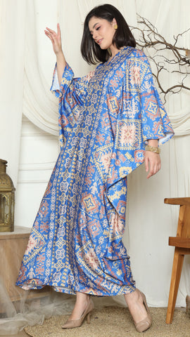 Blue Ikat Gold Long Sleeve Kaftan