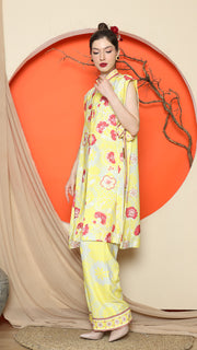 YELLOW VEST KIMONO JACQUARD FLORAL PANT SET