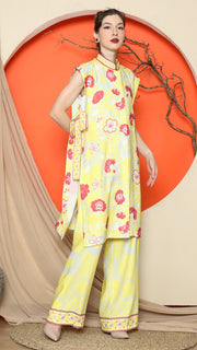 YELLOW VEST KIMONO JACQUARD FLORAL PANT SET