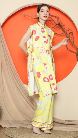 YELLOW VEST KIMONO JACQUARD FLORAL PANT SET