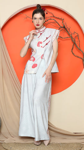 GREY CHONGSAM FLORAL VEST with WIDE LEG PANT SET