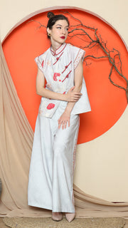 GREY CHONGSAM FLORAL VEST with WIDE LEG PANT SET