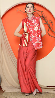 RED CHONGSAM FLORAL VEST with FLORAL PANTS SET