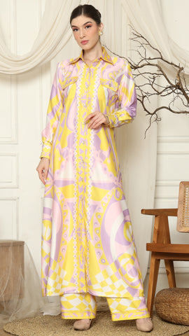 Yellow Pink Abstract Outer Pant Set