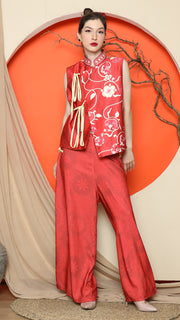 RED CHONGSAM FLORAL VEST with FLORAL PANTS SET