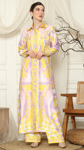 Yellow Pink Abstract Outer Pant Set