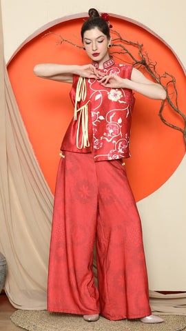 RED CHONGSAM FLORAL VEST with FLORAL PANTS SET