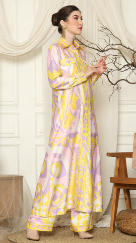 Yellow Pink Abstract Outer Pant Set