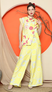 YELLOW CHONGSAM FLORAL VEST with WIDE LEG PANT SET