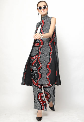 Black and Red Kanzi Batik Vest Set with Pants