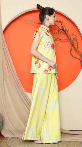 YELLOW CHONGSAM FLORAL VEST with WIDE LEG PANT SET