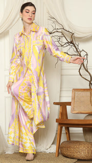 Yellow Pink Abstract Outer Pant Set