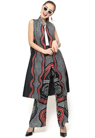 Black and Red Kanzi Batik Vest Set with Pants