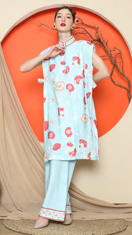 BLUE VEST KIMONO JACQUARD FLORAL PANT SET