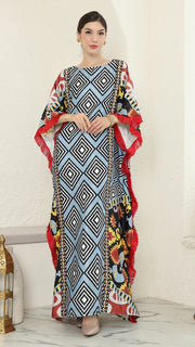 Blue Tribal Ikat Fringe Short Sleeve Kaftan