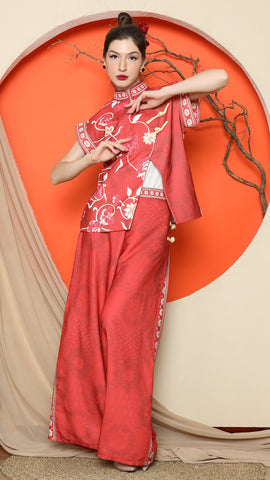 RED CHONGSAM FLORAL VEST with WIDE LEG PANT SET