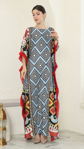 Blue Tribal Ikat Fringe Short Sleeve Kaftan