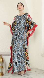 Blue Tribal Ikat Fringe Short Sleeve Kaftan