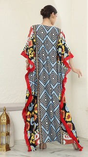 Blue Tribal Ikat Fringe Short Sleeve Kaftan