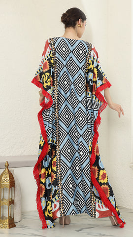 Blue Tribal Ikat Fringe Short Sleeve Kaftan