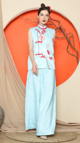 BLUE CHONGSAM FLORAL VEST with PANT SET