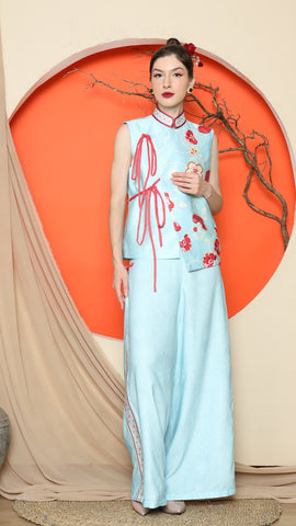 BLUE CHONGSAM FLORAL VEST with FLORAL PANTS SET