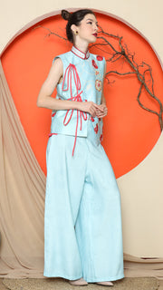 BLUE CHONGSAM FLORAL VEST with FLORAL PANTS SET