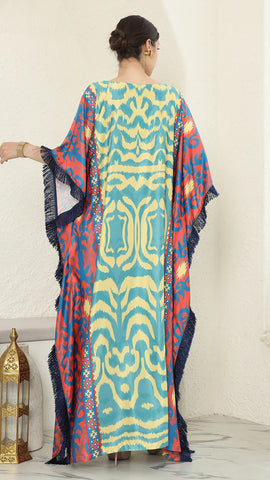 Yellow Green Ikat Fringe Short Sleeve Kaftan