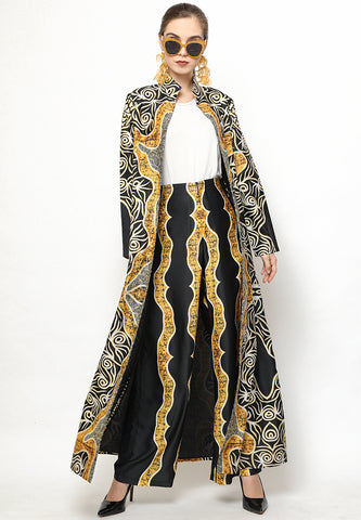 Yellow Black Kanzi Batik Long Outer Set with Pants