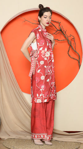 RED VEST KIMONO JACQUARD FLORAL PANT SET