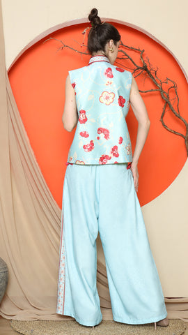 BLUE CHONGSAM FLORAL VEST with FLORAL PANTS SET